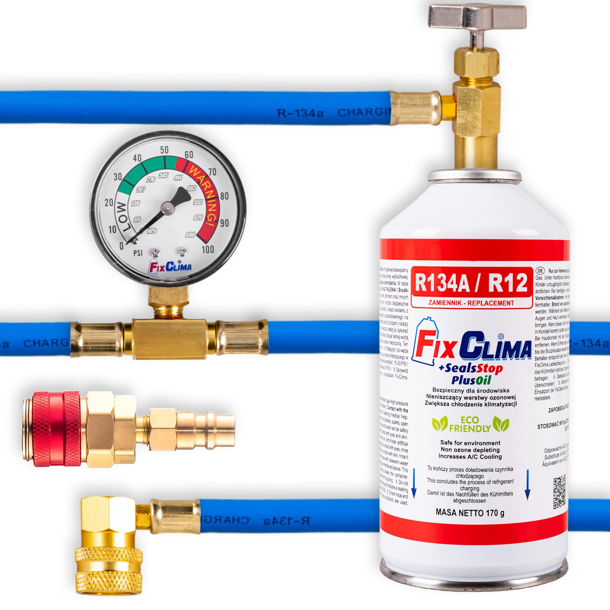 FixClima Kit Climatisation R134A pour Systèmes de Climatisation Automobiles Jusqu'à 2016 - Gaz Réfrigérant SealsStop + PlusOil avec Manomètre