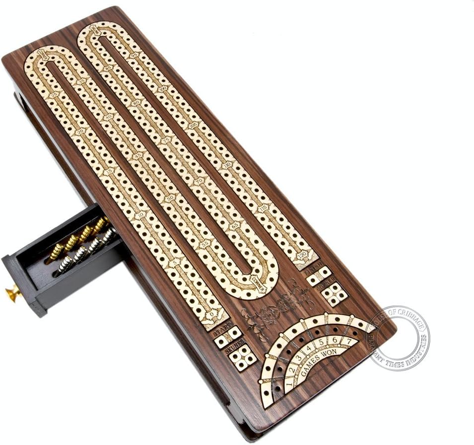 House of Cribbage - Continuous Cribbage Board/Box Inlaid in Rosewood/Maple - 2 Track - Sliding Lid with Score Marking Fields for Skunks, Corners and Won Games