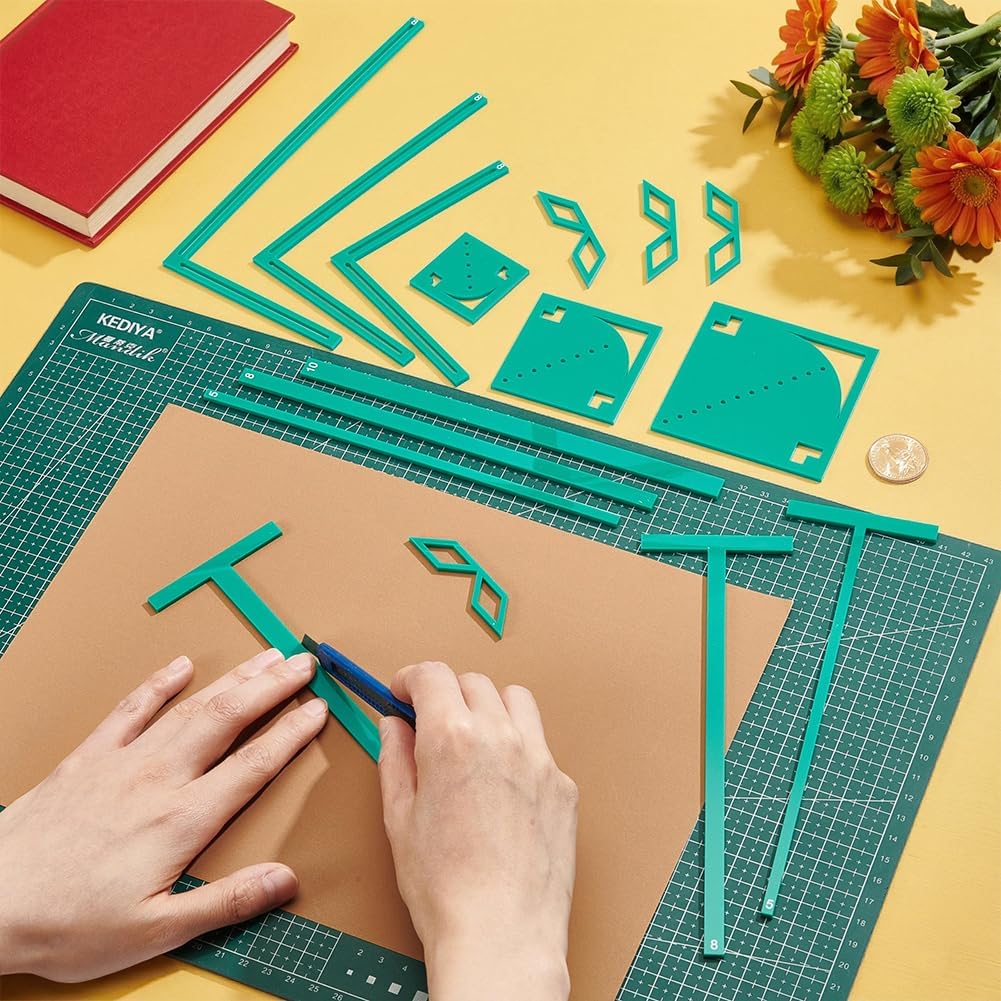 UNICRAFTALE 1 Set 16Pcs Book Binding Package Acrylic Bookbinding Templates Green Easy Scrapbooking Tool T Rulers L Rulers I Ruler Corner Miter Eyelet Guiding for Journal Notebook DIY Projects