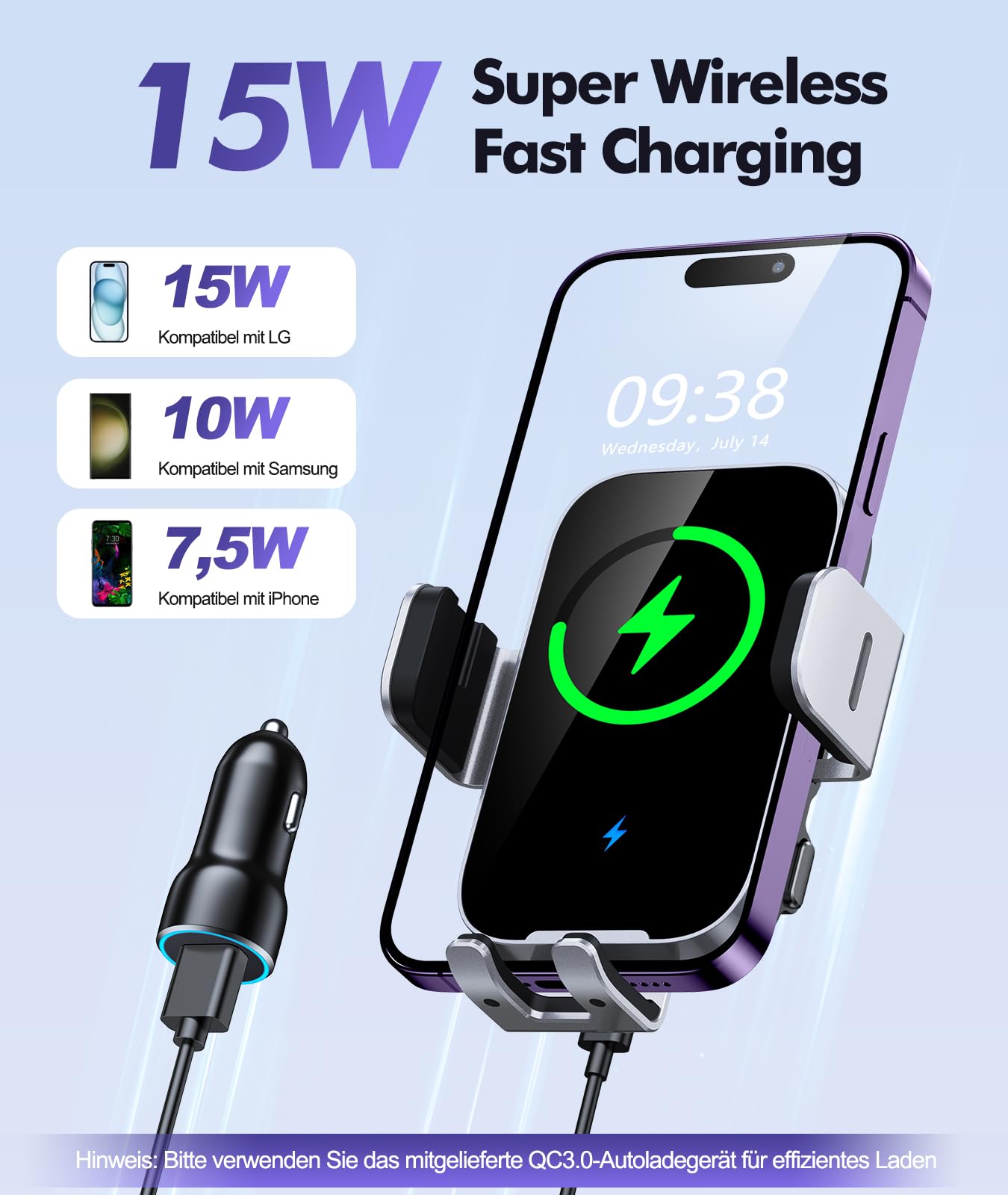 ISEYOU Handyhalterung Auto mit Ladefunktion, [360° Automatische Klemmung] 15W Wireless Charger Auto, Induktive Ladestation Auto Kfz Ladegerät Zubehör für 4,7"-6,9" Telefon, für iPhone 17 Samsung