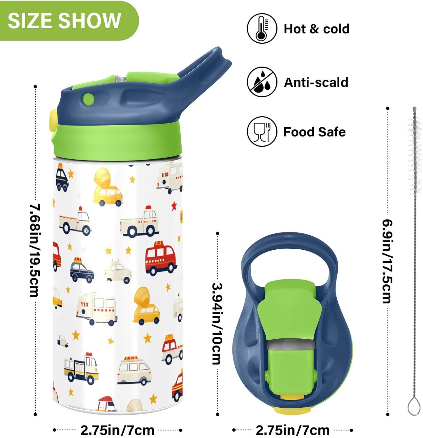 Pigsaly Kids Insulated Water Bottle Fire Truck Police Car 12oz Stainless Steel Vacuum Insulated Tumbler With Handle Double Wall Vacuum Travel Coffee Mug Toddler Cup For Boys Girls Gifts