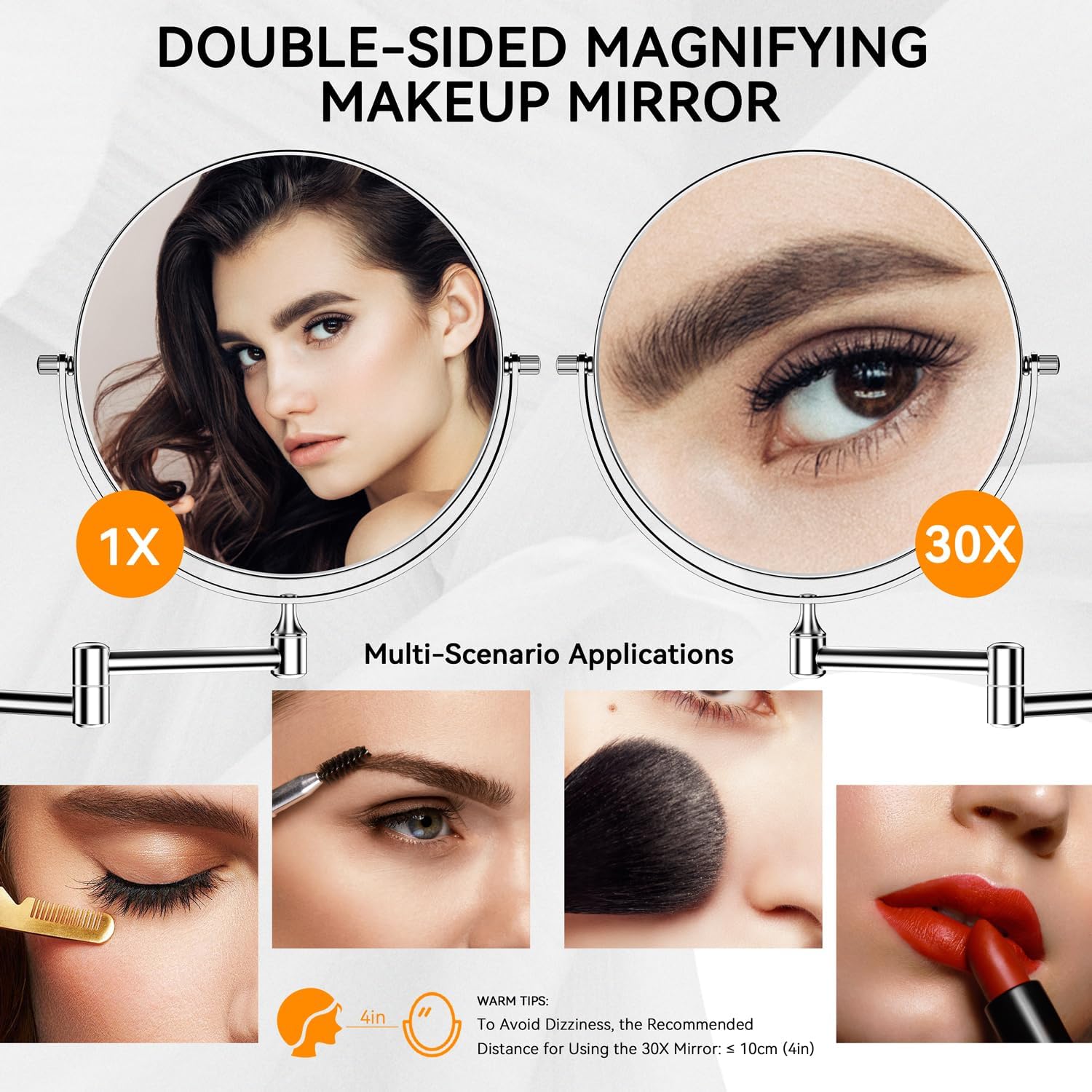 Auxmir 1X/30X Wall Mounted Makeup Mirror, 8'' Double Sided Magnifying Mirror with Tweezers, Bathroom Makeup Mirror, Cosmetic Vanity Mirror with 360 Rotation Extendable Swivel Arm, Chrome