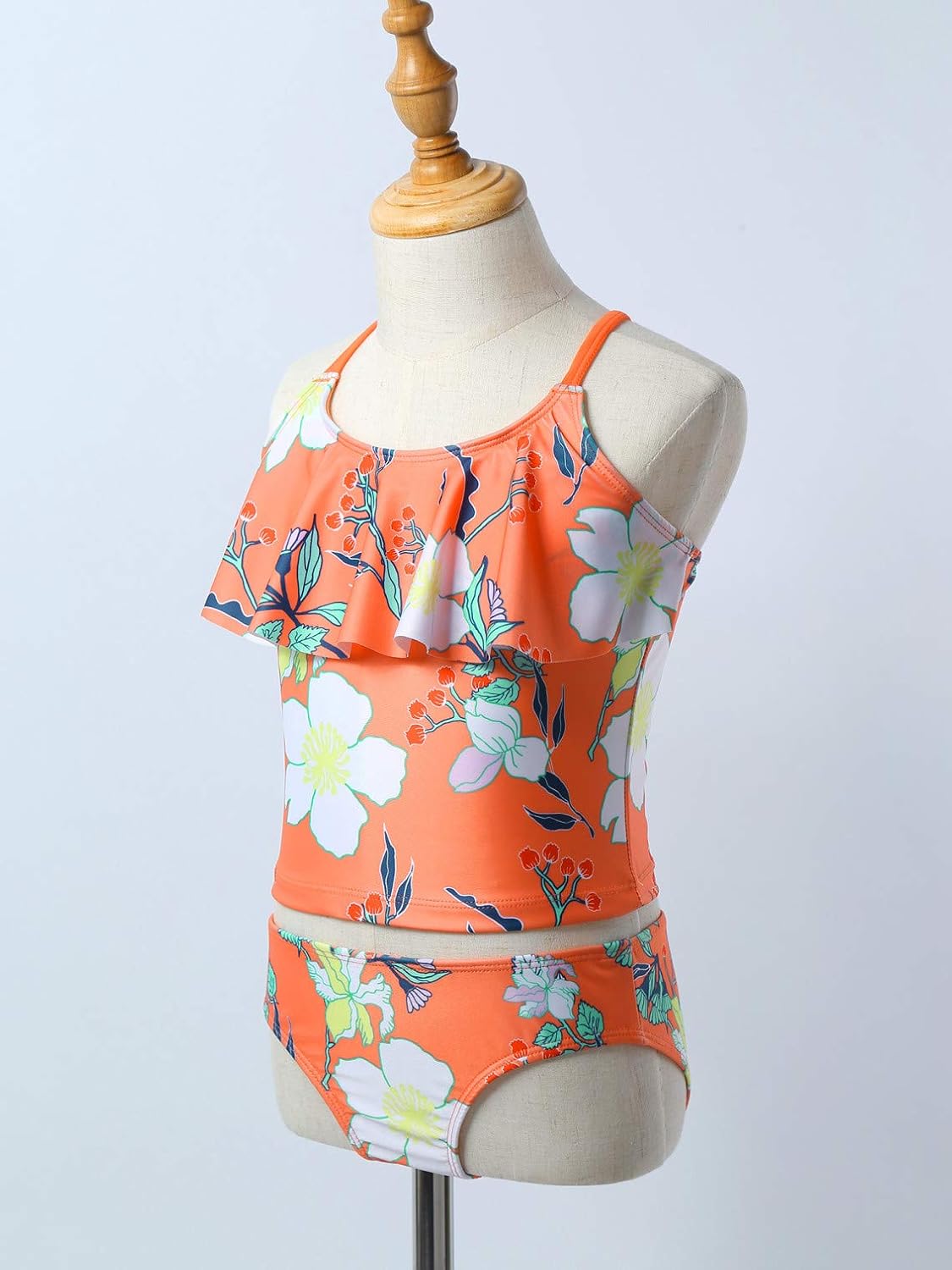 TTAO Kid Grils Floral Ruffle Flounce Swimsuit Tankini Sets Spaghetti Straps Swimwear 2PCS Bathing Suit