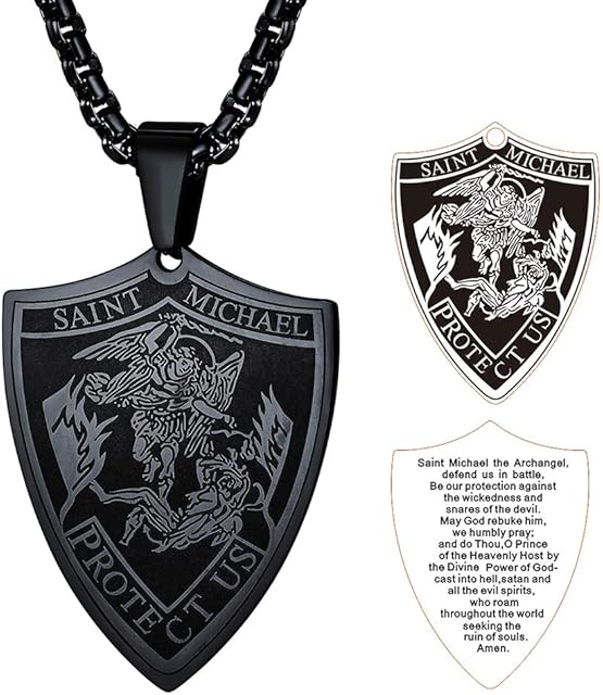 FaithHeart Personalised Saint Michael Necklace Talisman Jewellery Stainless Steel Archangel St Michael Pendant Protection Necklaces Engraved Catholic Jewelry Amulets for Policemen Firefighters