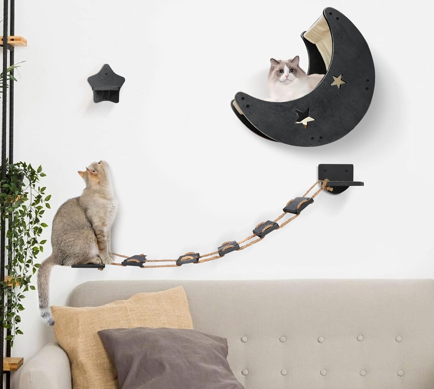 review Cat Wall Shelves, Modern Cat Wall Furniture with 1 Step and 1 Climbing Bridge Step, Cat Climbing Shelf and Perches for Wall, Cat Wall Shelf Modern Beds and Perches for Activity Indoor, Cat Gifts