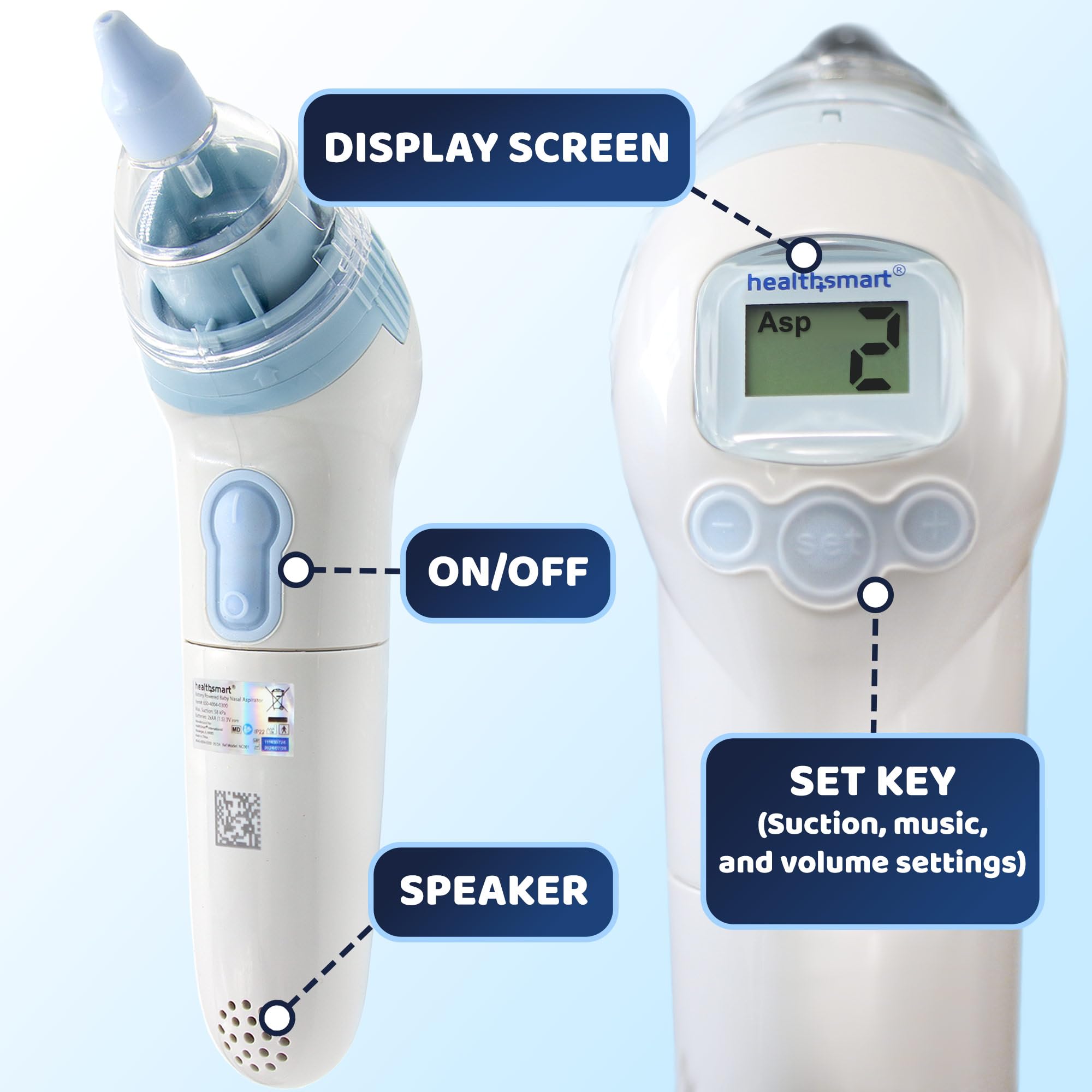 HealthSmart Aspirador nasal para bebé, 3 niveles de succión + 3 puntas de silicona, succión nasal ergonómica para bebé, aspirador nasal para bebé pequeño, succión nasal eléctrica para bebé, rimas