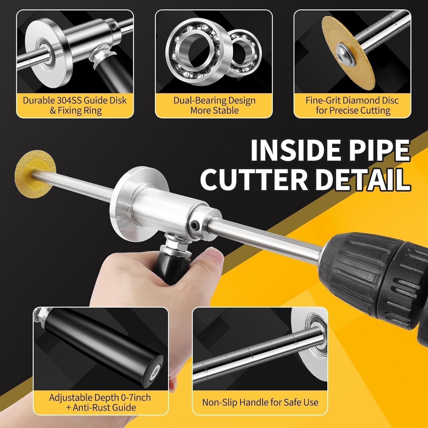 7-Inch Inside Pipe Cutter for Pvc Pipe, Cutter Tool Set with Scale Adjustable Depth Gauge, 5PCS Blades, 2 Hex Shank, Internal PVC Pipe Cutter with Diamond Grit Cutting Wheel for Plastic, ABS, Exhaust