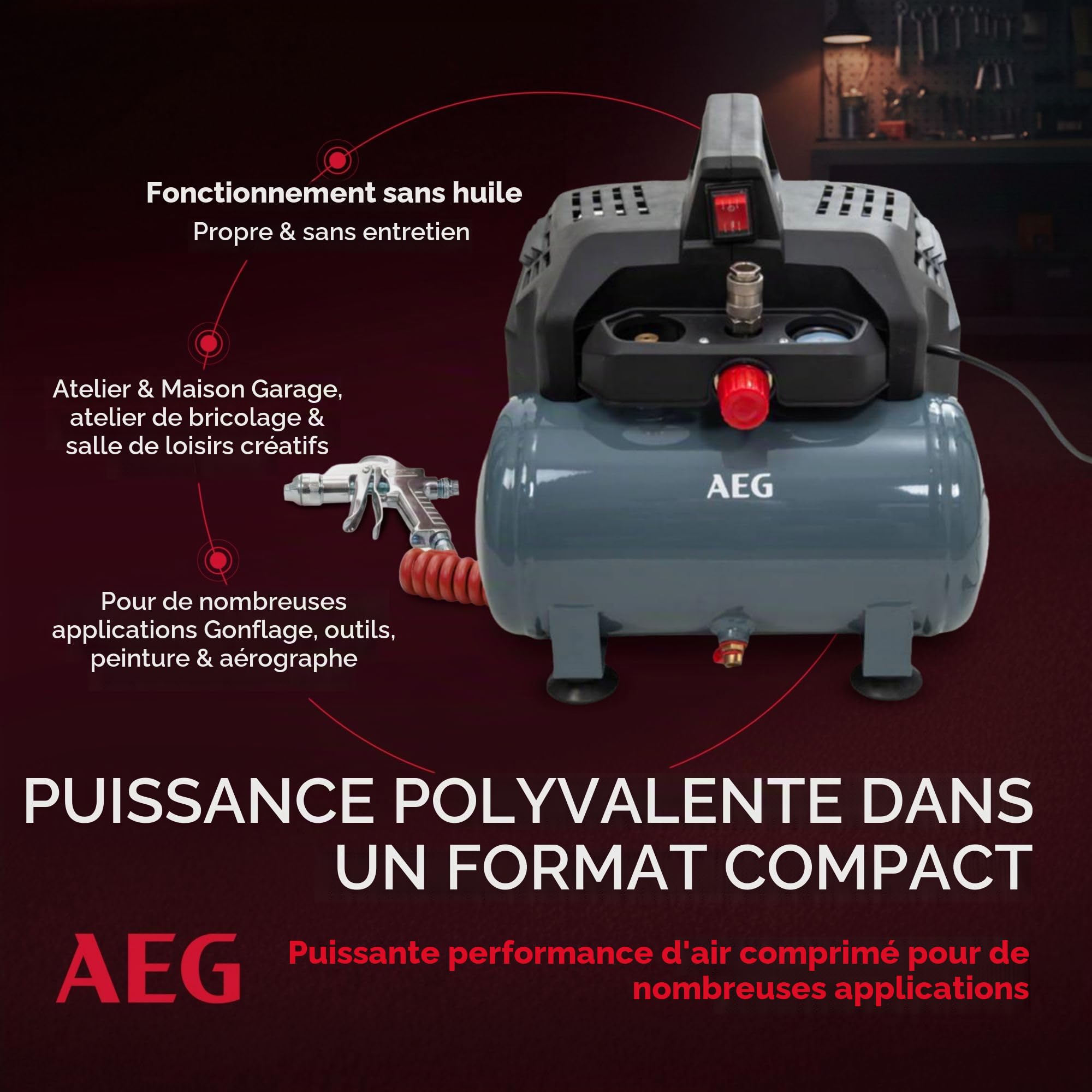 AEG KL6 Compresseur d'air comprimé silencieux et puissant pour atelier, maison, loisirs, polyvalent, sans entretien, sans huile, 56 dB, puissance du moteur 1,5 CV, réservoir 6 l, 8 bar, 206 l/min