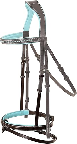 Miniatura 4 de Exion - Brida brillante en banda para la ceja y banda nasal con suave acolchado de cuero azul bebé brida de salto y rienda de goma  Brida inglesa