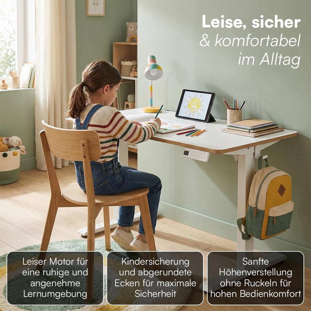 Bellabino Toro Kinderschreibtisch elektrisch höhenverstellbar – ergonomischer Schreibtisch für Kinderzimmer – Schülerschreibtisch ab 6 Jahren – LED-Höhenanzeige mit 3 Speicherplätzen & Kindersicherung