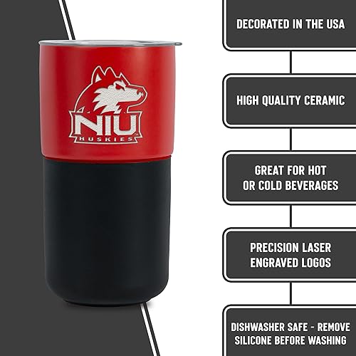 Miniatura 358 de Rico Industries NCAA Miami of Ohio Redhawks - Vaso de cerámica de 16 onzas con agarre de silicona, grabado láser profundo, diseño de color negro