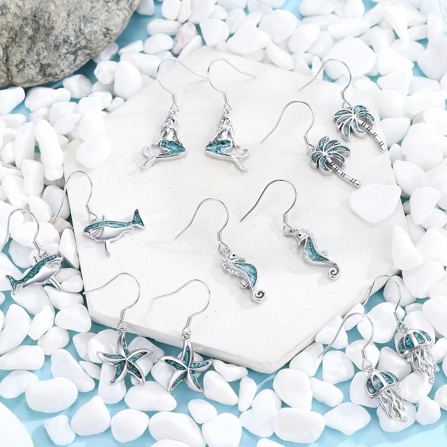 Ocean Earrings 925 Sterling Silver Turquoise Sea Animal Dangle Drop Earrings Beach Themed Jewelry Gifts for Women Girls