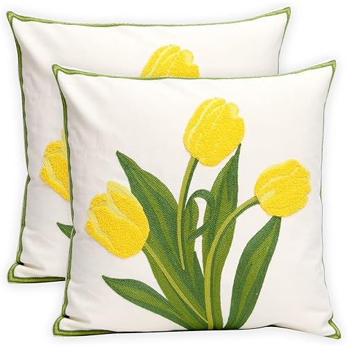 Pack of 2 Embroidered Decorative Throw Pillow Cover 18x18 Inch Farmhouse Floral Pillowcase for Living Room Sofa Bed (Yellow Tulip)