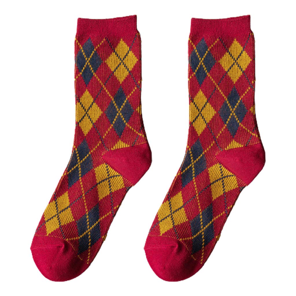 QUEENYARD Women Ethnic Argyle Print Crew Socks Vintage College Preppy Style Hosiery