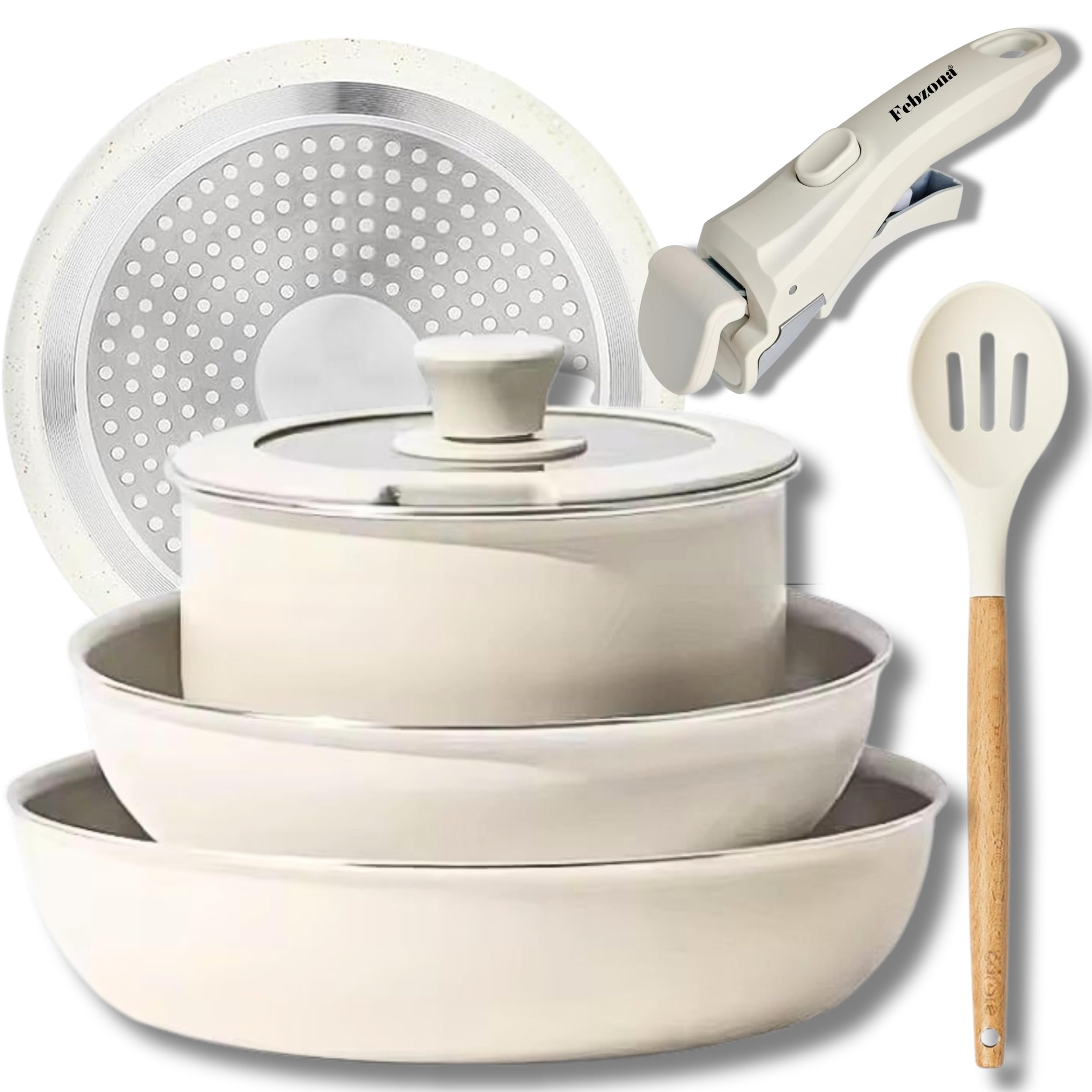 6 Pcs Pots and Pans Non Stick Cookware Combo Set Induction Ready, with Detachable Handle, Stackable Kitchen Cooking Set Removable Handles, Oven Safe, frypan Tea pan Utensils (Cream White)