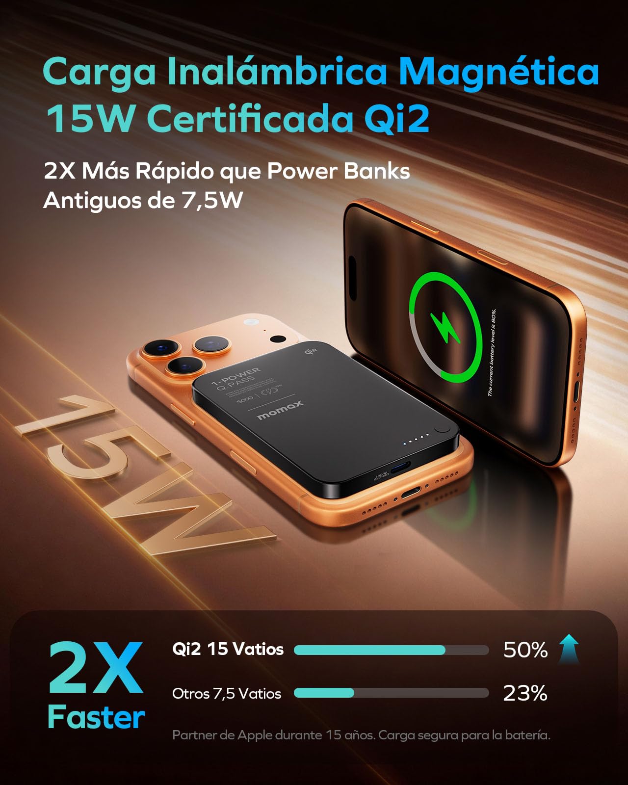 MOMAX Batería Externa Qi2 MagSafe de 5000 mAh, batería Externa inalámbrica ultradelgada con Carga rápida de 15 W y tecnología de Baja Temperatura, para iPhone/Android, Negro