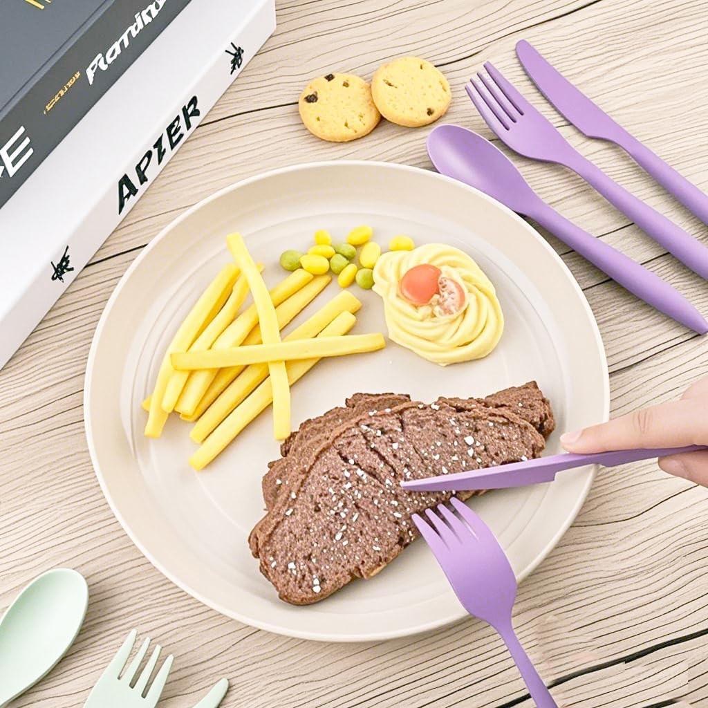 Reusable 5 Sets Wheat Straw Plastic Portable Cutlery with Case(5 Purple) image 4