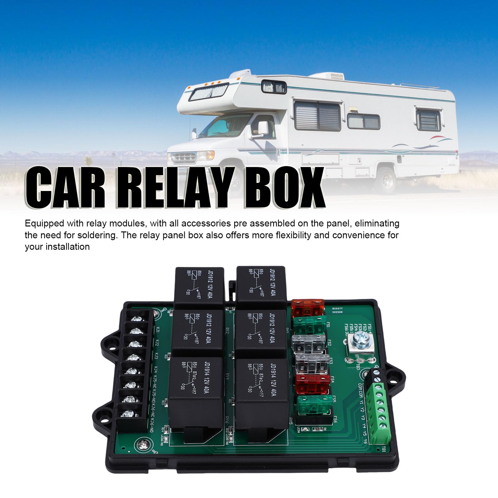 Scatola fusibili relè automobilistico, Pannello relè 12V a 6 vie con blocco fusibile a lama a 14 vie, Dispone di indicatori di stato LED per auto, camion, Wohnmobile e UTV