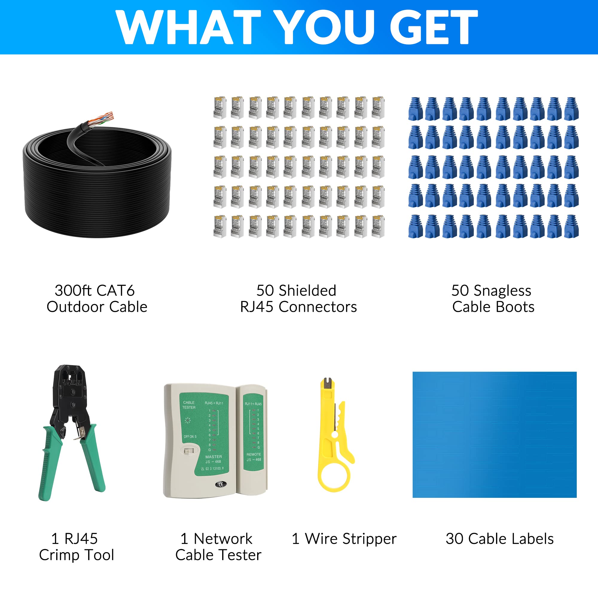 Ethernet Cat6 d'extérieur de 90 m avec kit d'outils, cordon réseau Internet robuste, prend en charge la norme Cat 6 Cat5e Cat5, UTP, CCA, imperméable, PVC et LDPE double gaine UV, à encastrer direct,