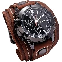 MINILUJIA Handmade Men Watches Vintage Punk Hip Hop Gothic Wide PU Leather Fashion Cuff Round Dial Quartz Wrist Watch Big Dial Black Brown, Braun, Vintage Punk Hip Hop