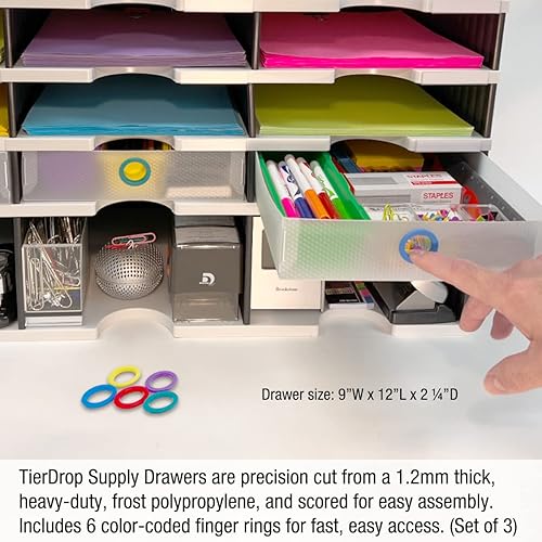 Miniatura 6 de Organizador de escritorio clasificador de bandejas de 9 letras más base de almacenamiento elevadora y 3 cajones de suministro. TierDrop PLUS