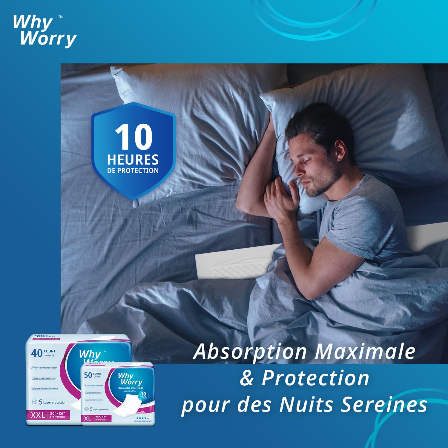WhyWorry Alèses Jetables 60x90 cm Imperméables, Matelas de Lit Protections pour Adultes Incontinence et Fuites Urinaires, Tapis Absorbant Educateur Chien Animaux, Contrôle des Odeurs, 50 Unités
