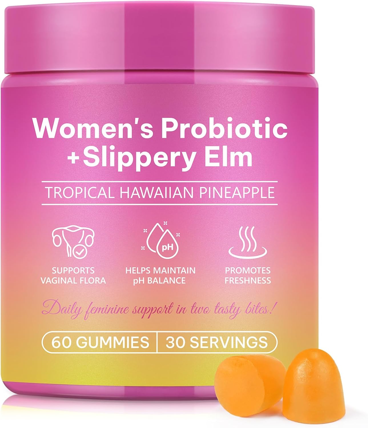 Feminine Probiotics Gummies – Probiotic Pineapple Gummies for Women, with Slippery Elm, Support ph Balance, Lactobacillus for Bladder and Vaginal Wellness, 60 Count