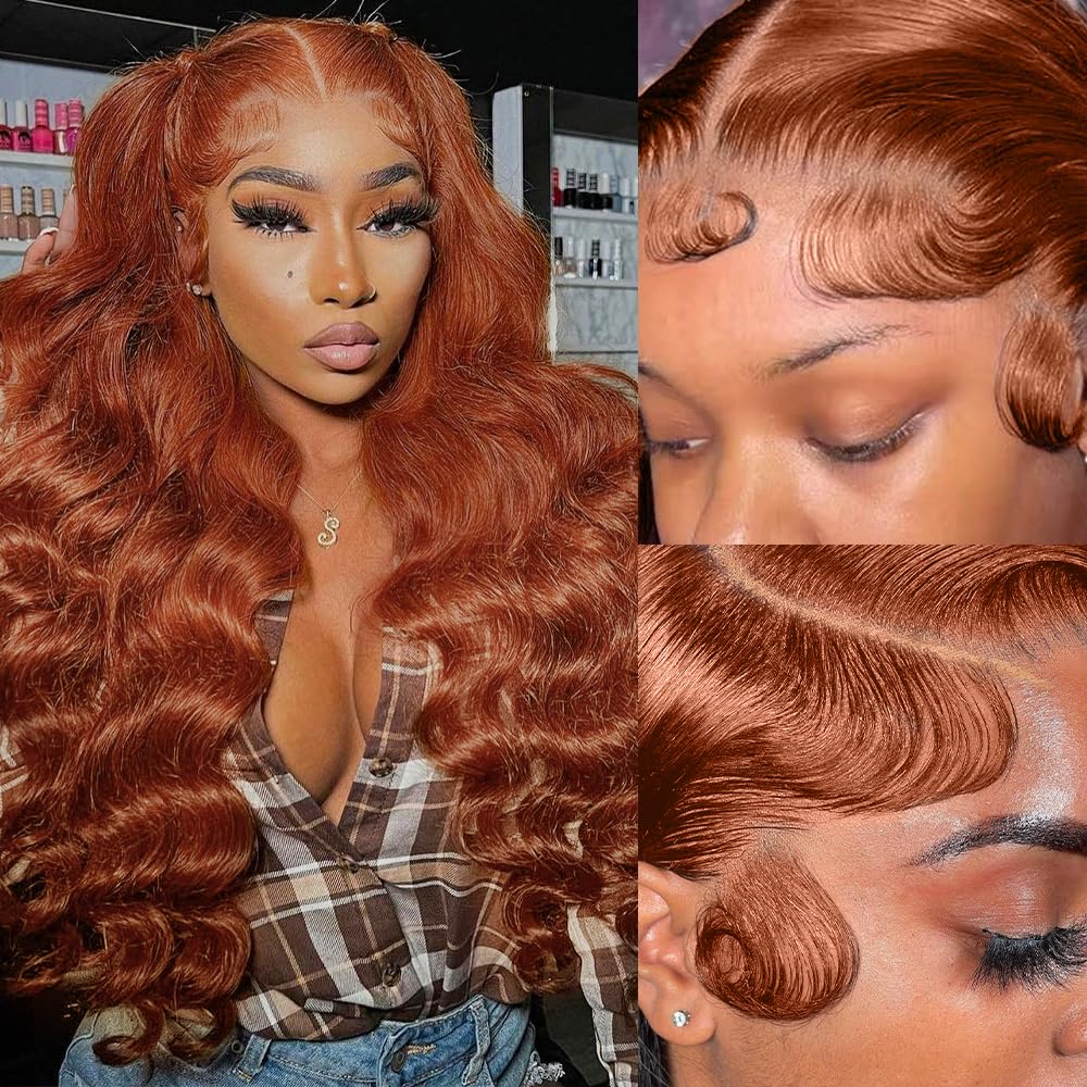 Daphernew 200 Density 13x6 Reddish Brown Lace Front Wigs Human Hair Pre Plucked 13x6 HD Transparent Body Wave With Baby Hair Ginger #33 Colored Human