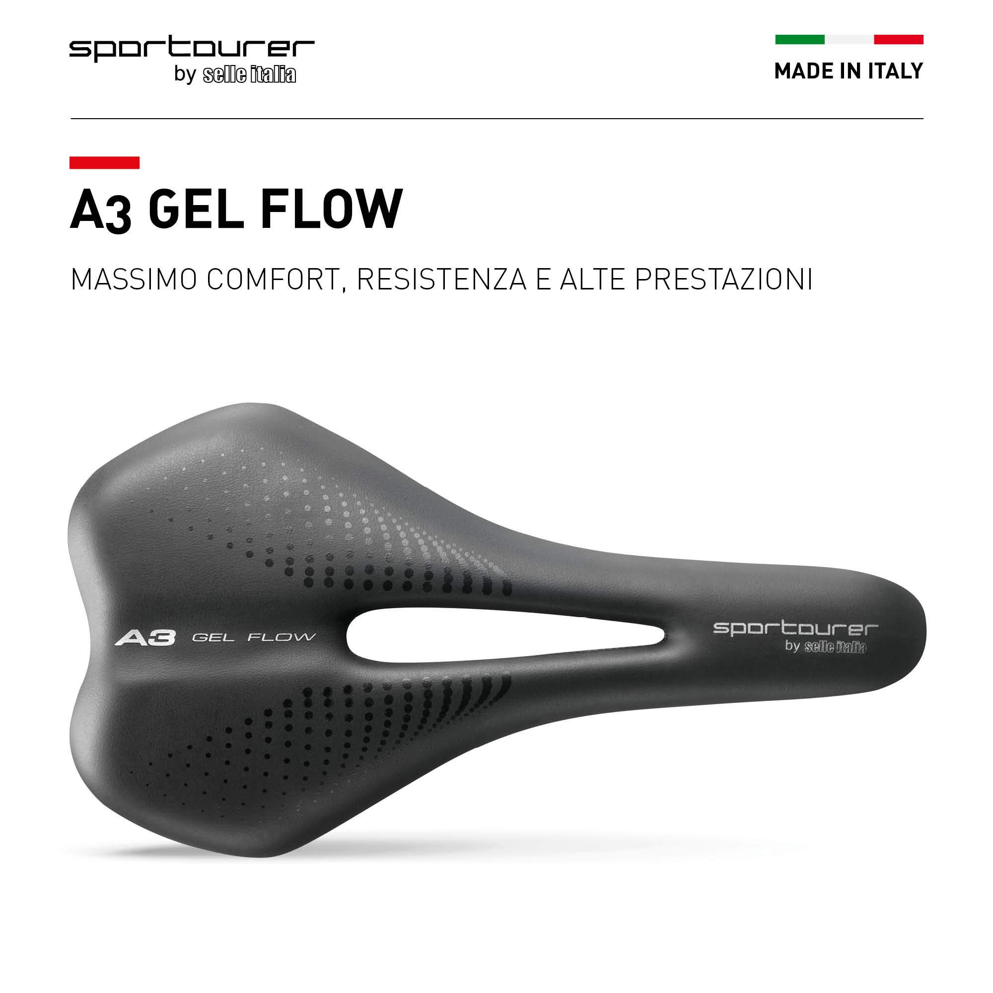 Selle Italia A3 GEL FLOW - Sella Comoda per Bicicletta con Gel, Foro Anatomico, Resistente all'Acqua e Adatta a Tutti i Tipi di Bici - Nero