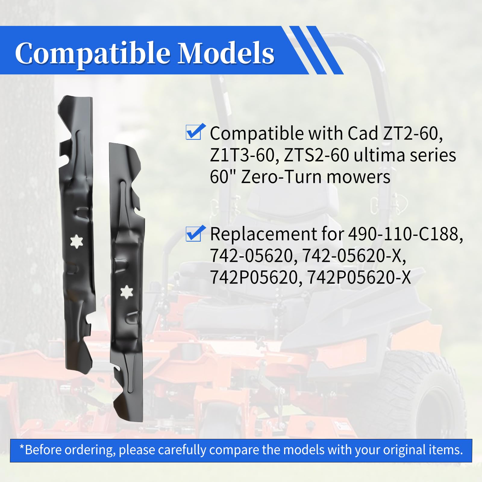Keycci 490-110-C188 - Hoja de mantillo dentada, compatible con cortacésped Cub Cad et ZT2-60 ZT3-60 ZTS2-60 Ultima Series de 60 pulgadas, repuesto de cuchilla de cortacésped para 742-05620, paquete de