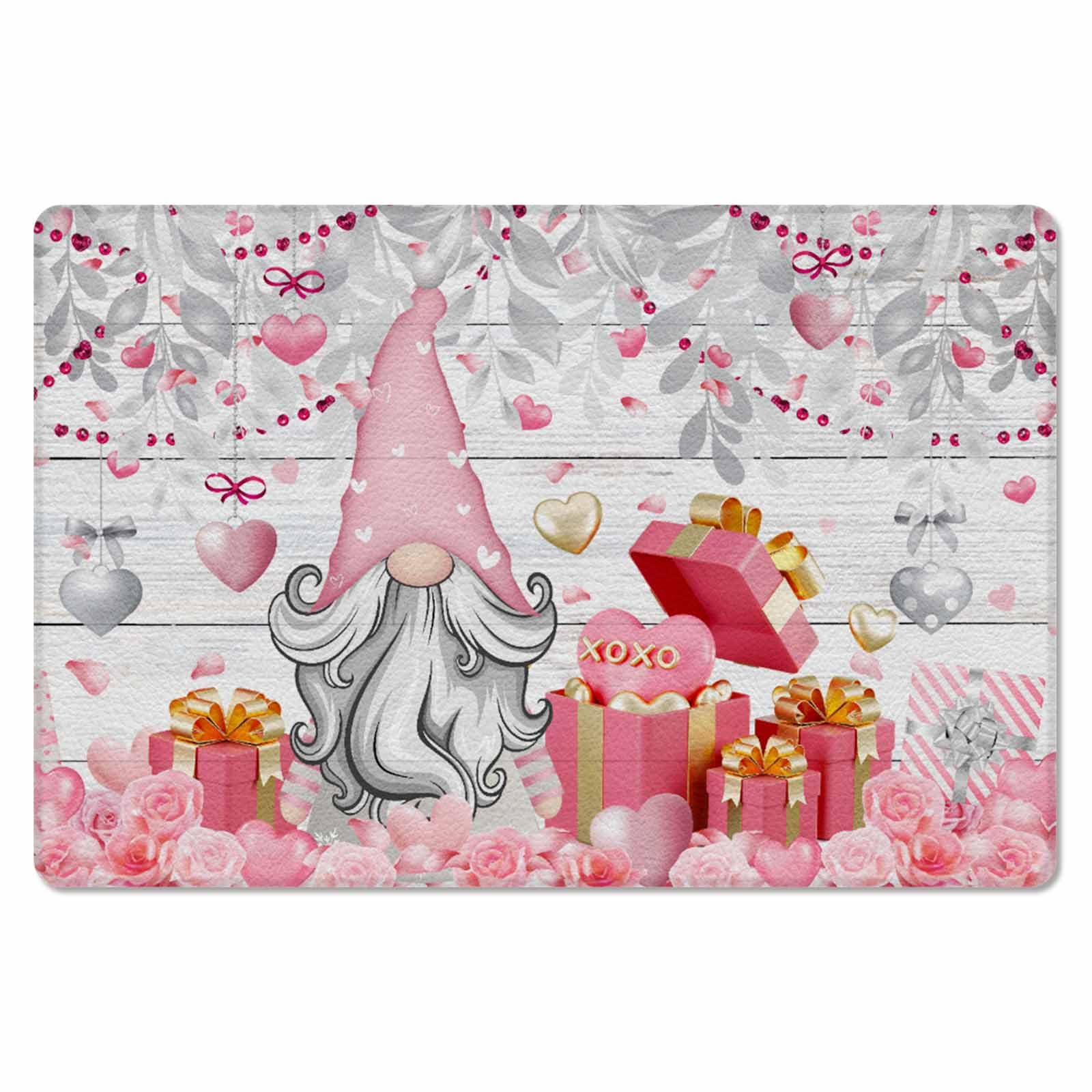 Valentine's Silver Leaves Kitchen Bath Door Mat Cushioned Runner Rug,Washable Welcome Floor Sink Antifatigue Mat,Waterproof & Non-Slip Comfort Standing Doormat,Pink Rose Sweet Love Wood 18