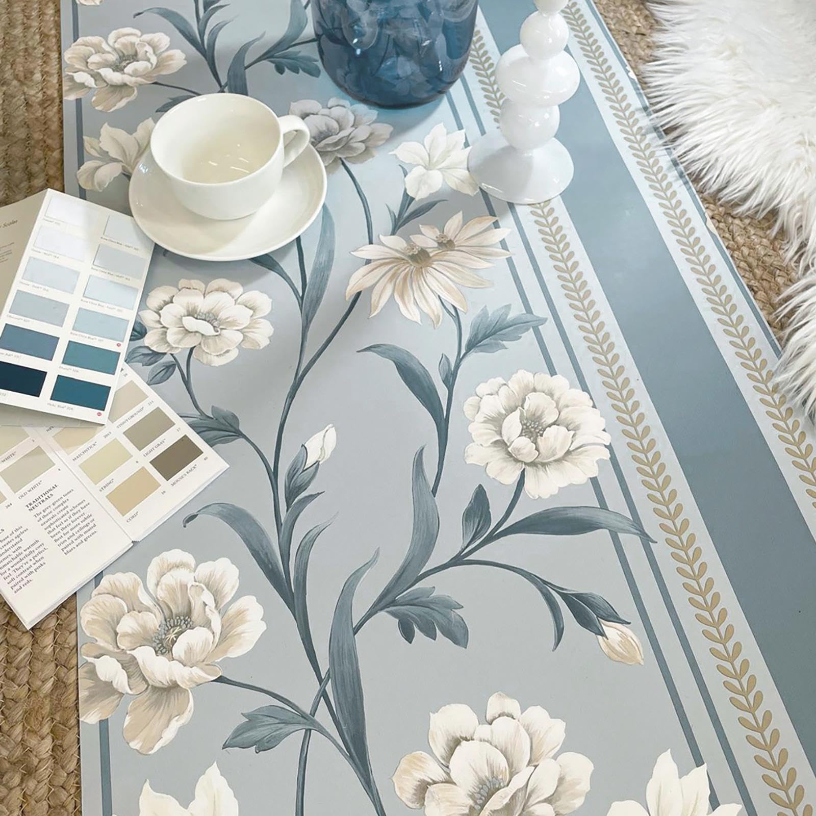SOPHIE LAURENCE Blue Cream Floral Wallpaper Panel Effect Smooth Flat Finish Feature Wall Design Luxury Modern Botanical Pattern for Bedroom, Lounge, or Living Room 10M x 0.53M