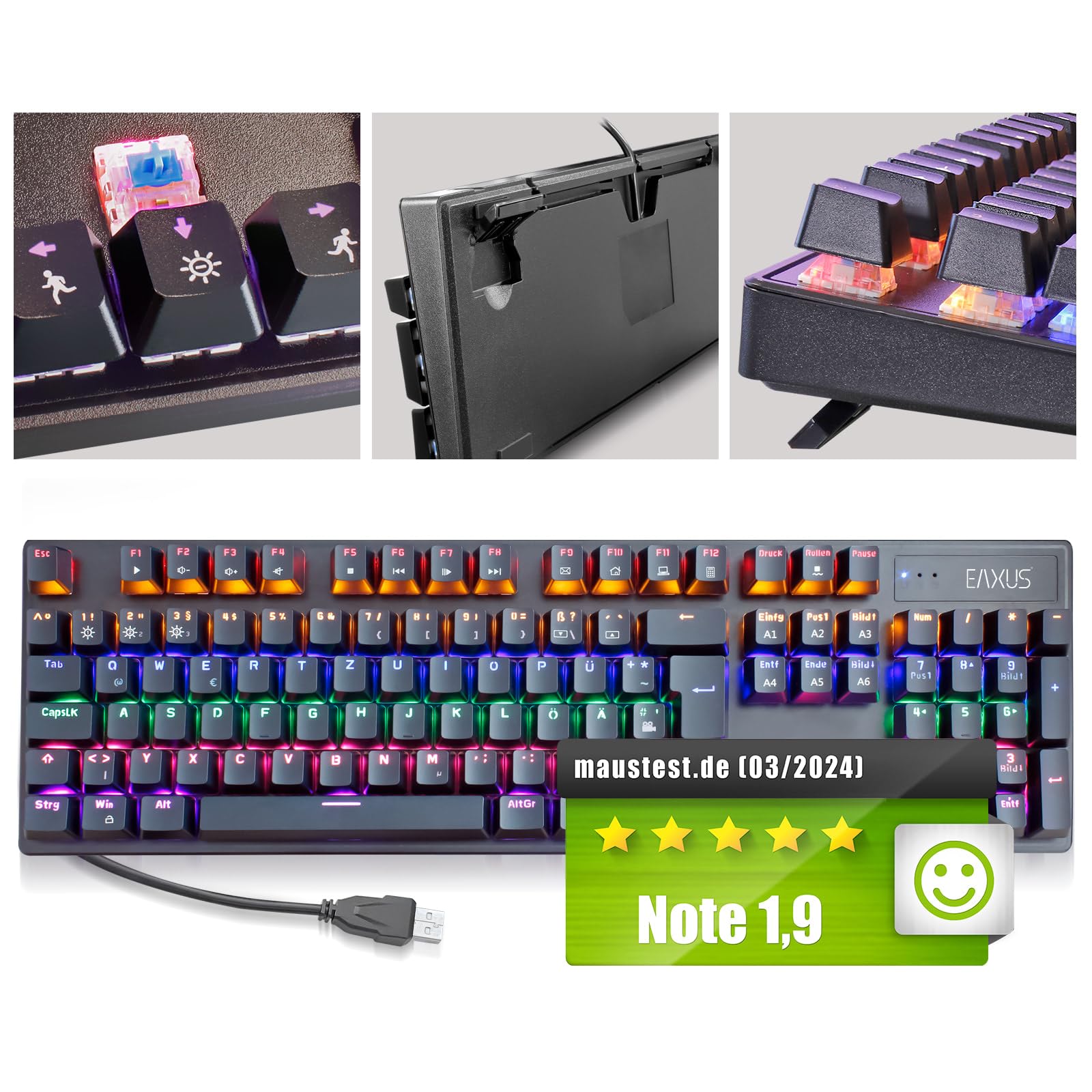 Eaxus® Clavier de jeu mécanique - Clavier de jeu LED avec touches macro et commutateurs bleus, taux de polling USB 1000 Hz, QWERTZ, noir