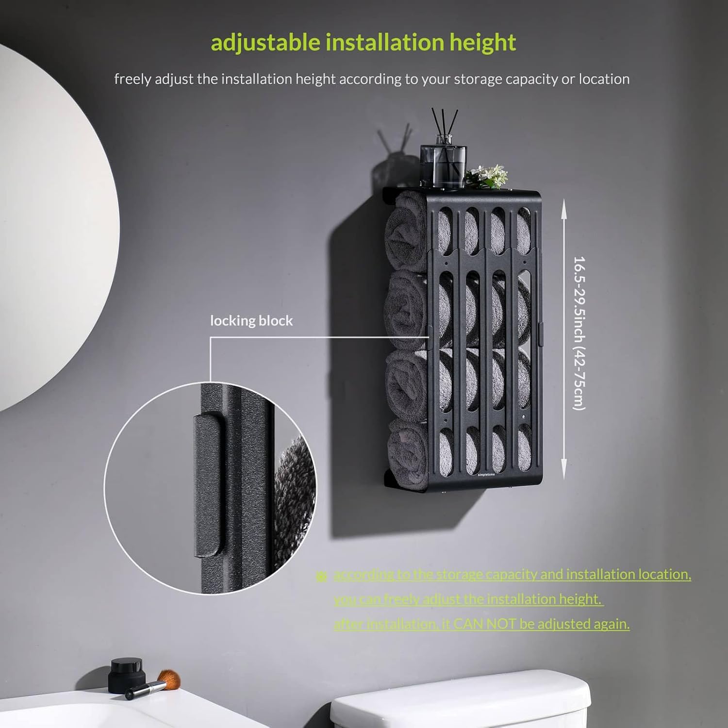 simpletome Towel Storage Rack Adjustable Height Wall Mount Bathroom Shelf Organizer Carbon Steel (Matte Black)