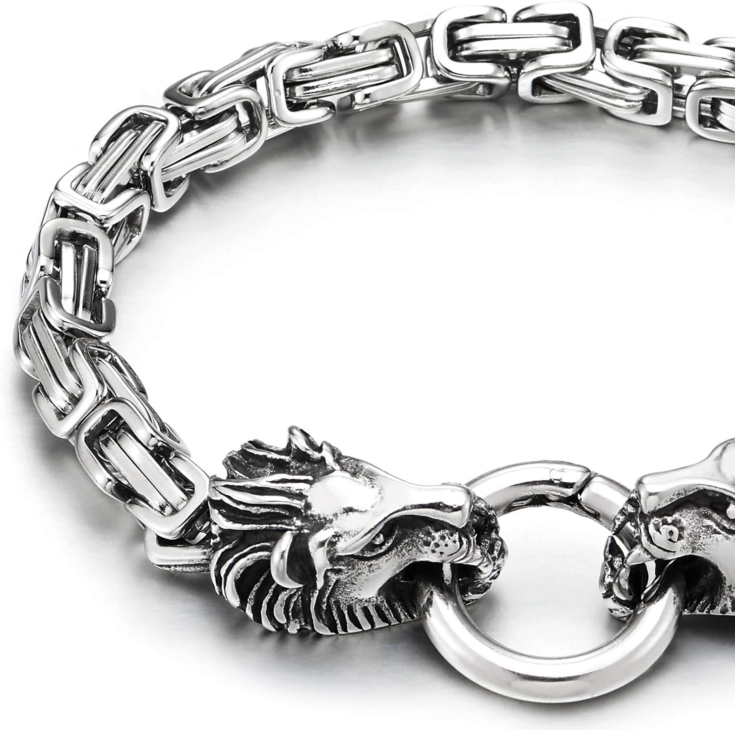 COOLSTEELANDBEYOND Mens Stainless Steel Vintage Lion Head Byzantine Chain Bracelet with Spring Ring Clasp 8.5 Inch
