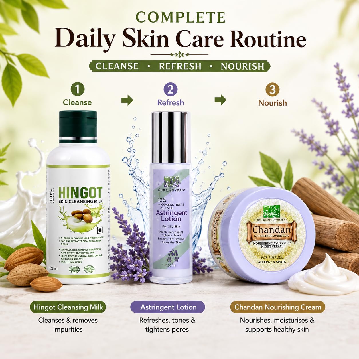 Devicaas Ayurvedic Oily Skin Care Combo | Hingot Skin Cleansing Lotion 120ml + Chandan Twacha Nikhar Lepa 50g + Blackberry Astringent Lotion 100ml | Herbal Face Care Kit for Cleansing Refreshing & Daily Skin Care | Men & Women 4