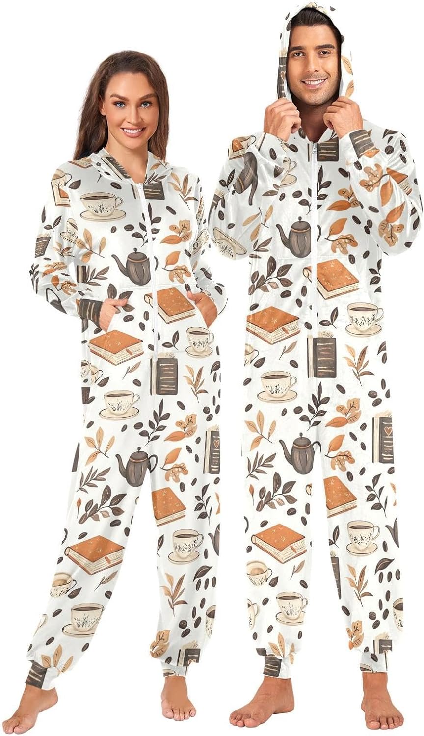 ZZKKO Coffee Bean Books Adult Onesie Pajamas for Women Men Cozy One Piece Pajamas Costume Zip-Up Hooded S-XL