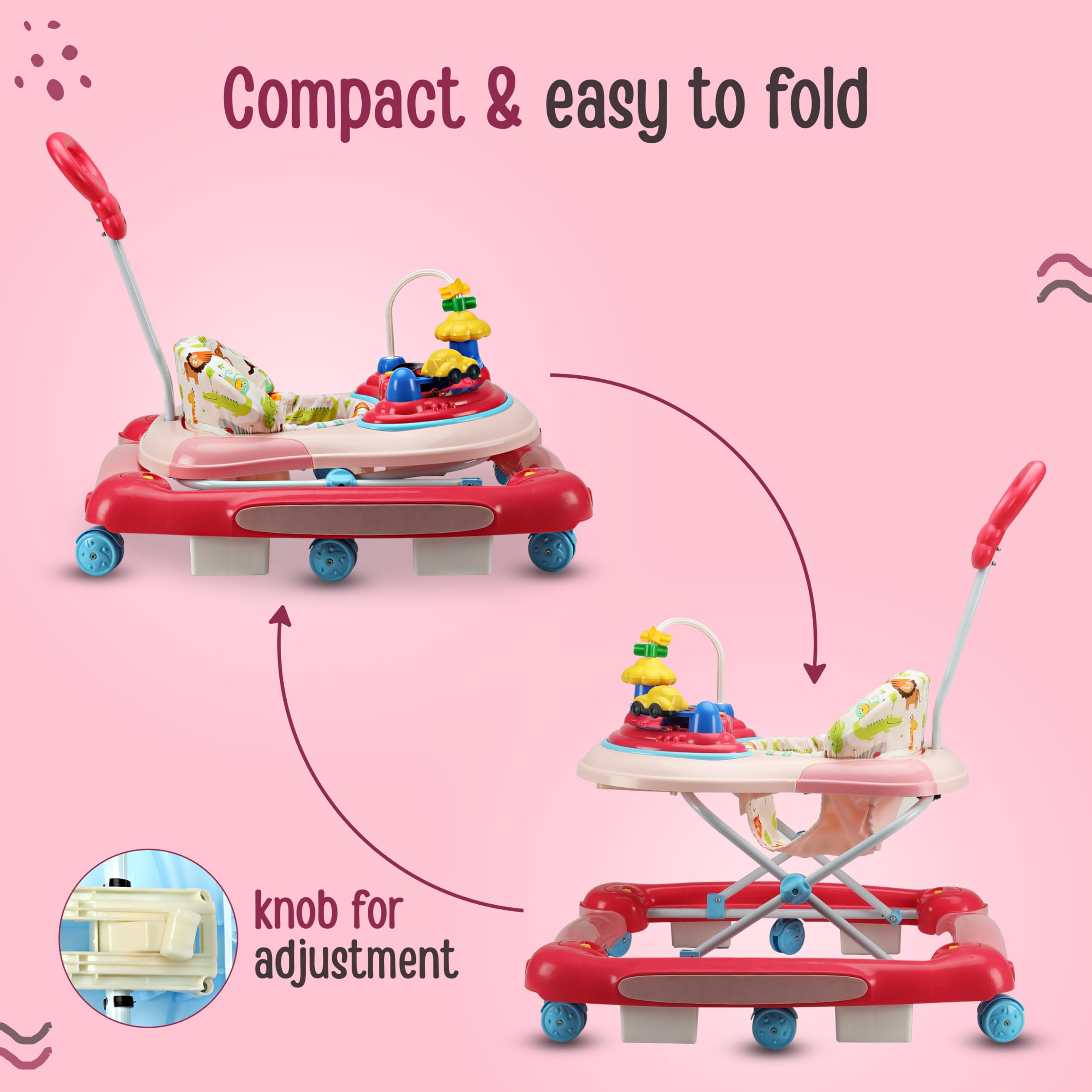 LuvLap Comfy 2-in-1 Baby Walker & Rocker with Parental Push Handle, Anti Fall, Anti Skid Mechanism, Height Adjustable with Light, Rattle & Musical Toys, Cushioned Walker for Baby 6-18months (Pink) 4