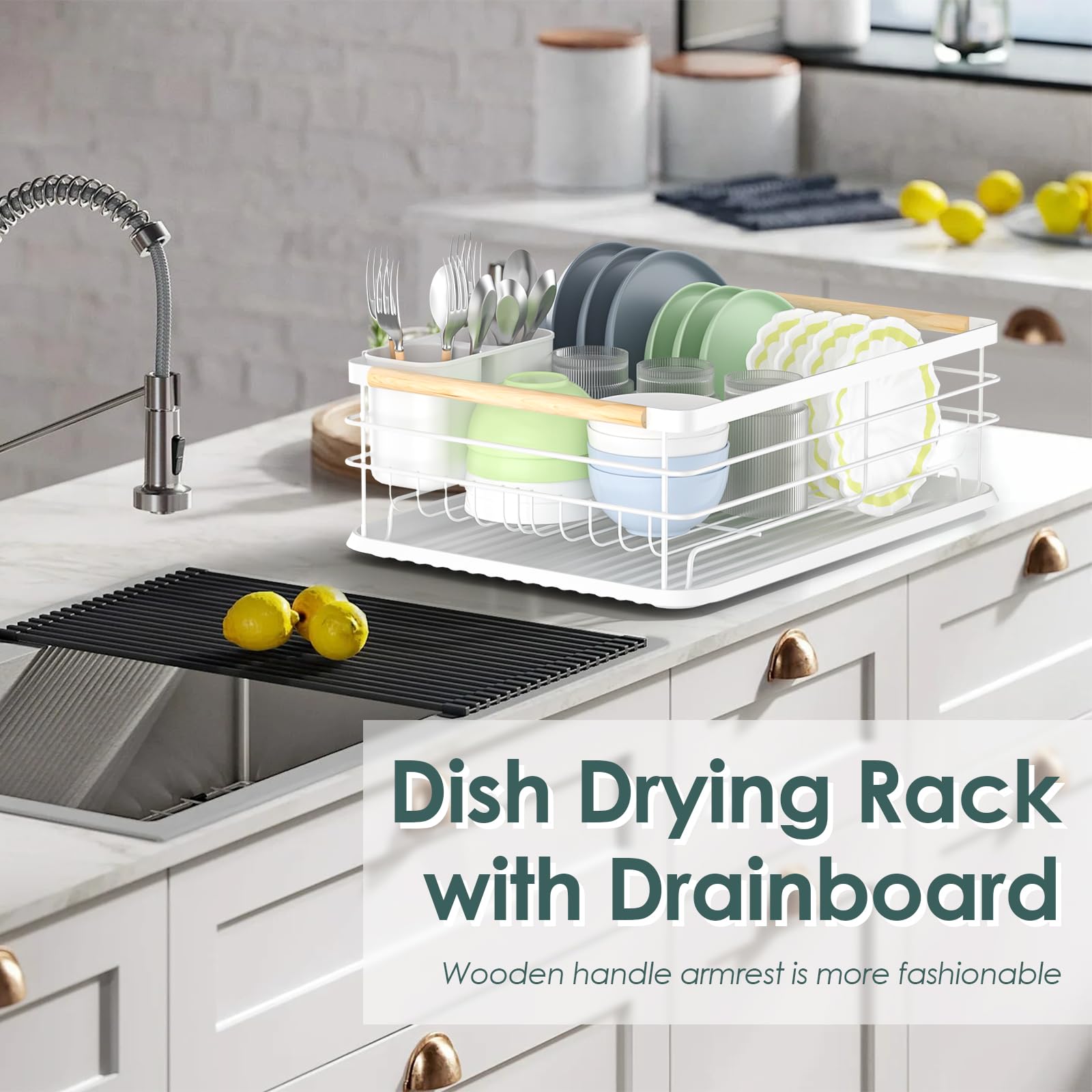 Dreamhigh Escurridor de Platos, Escurridor de Platos para Fregadero con Bandejas de Goteo Extraible,Soporte de Cubiertos, Soporte de Vaso, Apto para Familia de 3-5 Personas