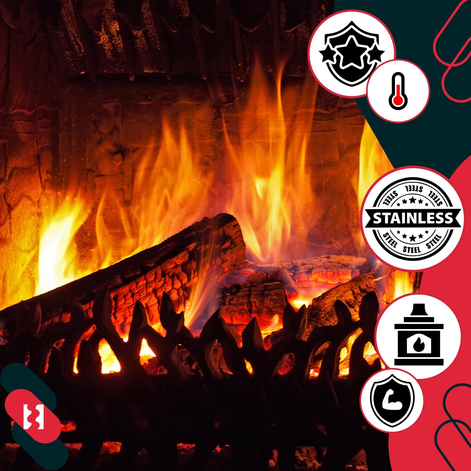 KOTARBAU® Juego de herramientas para chimenea de acero, Set de 5 piezas: escoba, pala, pinzas y atizador de ceniza con soporte de pie, Herramientas para chimenea, estufa, Negro