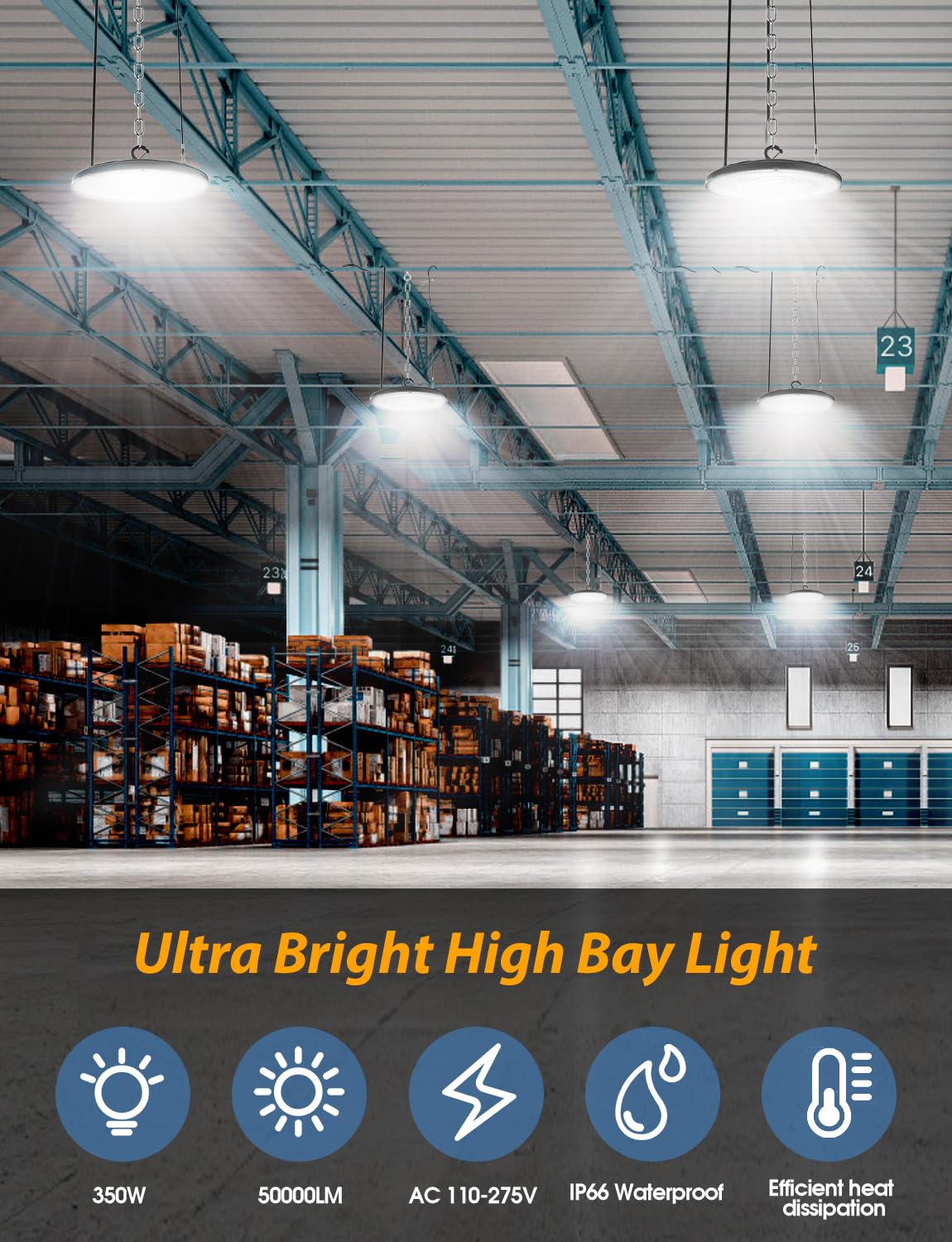 350W 2 Pack UFO LED High Bay Light 50000LM Shop Lights Industrial Lighting 110-275V IP66 Waterproof for Workshop — view 5
