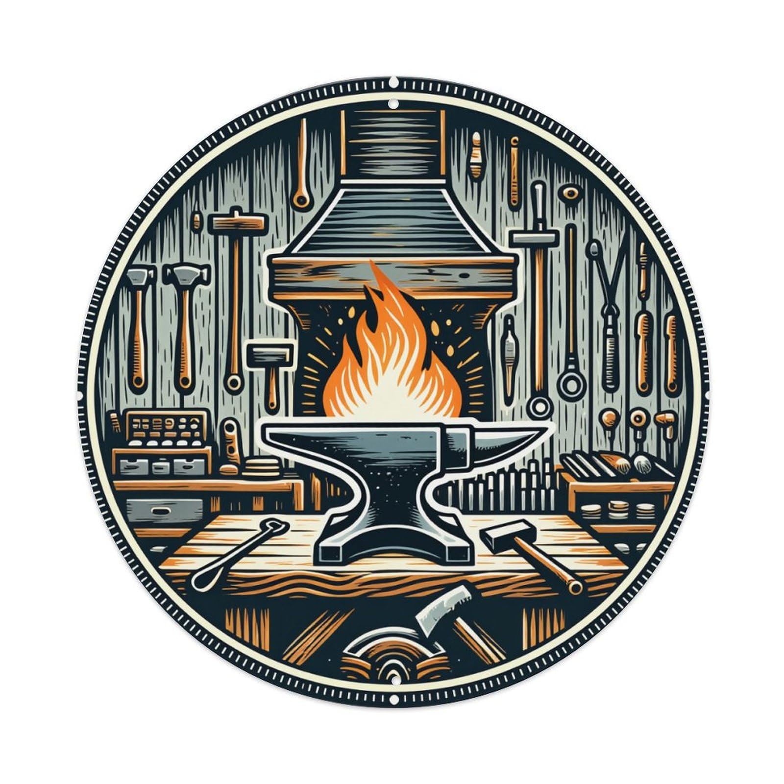 Blacksmith Workshop Scene Design Round Tin Sign Vintage Metal Poster, Home Bar Garage Man Cave Cafe Indoor & Outdoor Wall Decoration 8x8Inches