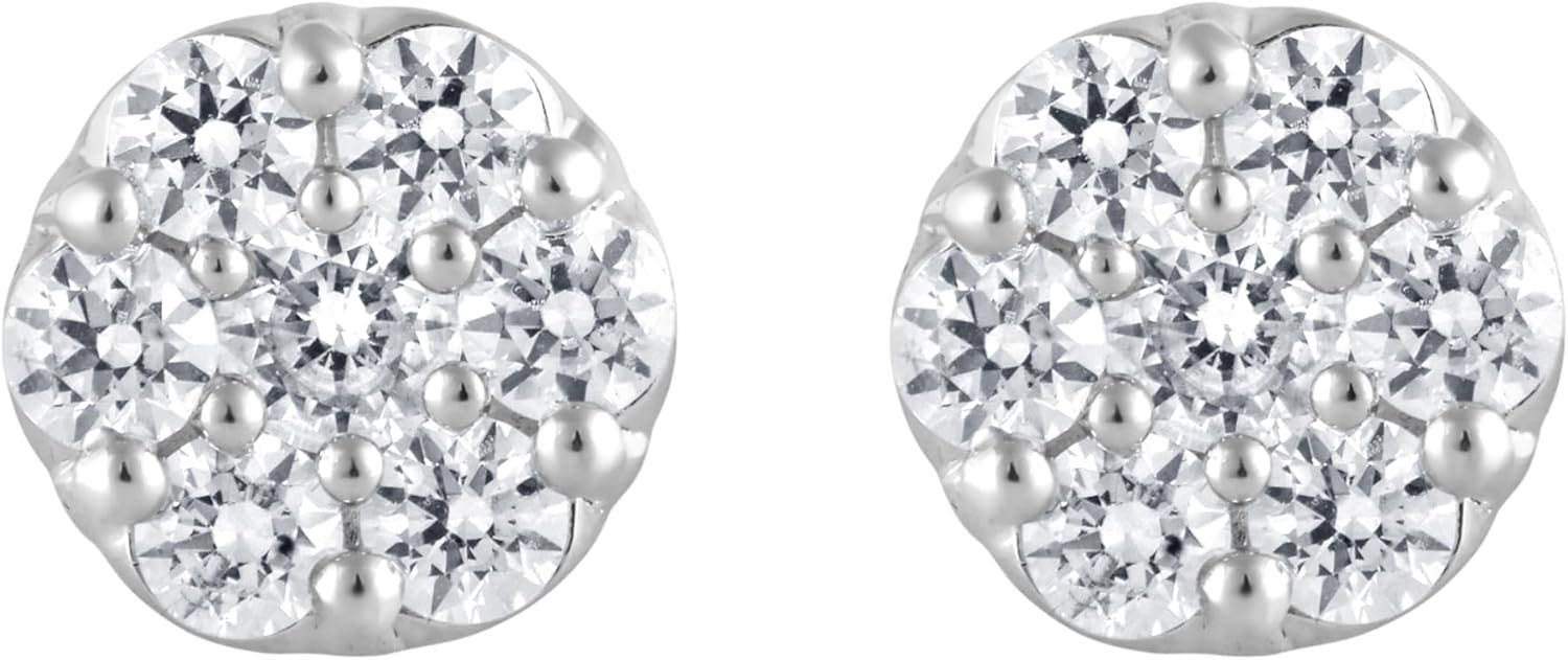 Belacqua 1 Carat Round Lab Grown Diamond Stud Earrings in Sterling Silver, 7 Stone Flower Studs, Color J-K, Clarity I1-I2, Prong Set, Push Back, Fine Jewelry for Women, Gift Box Included