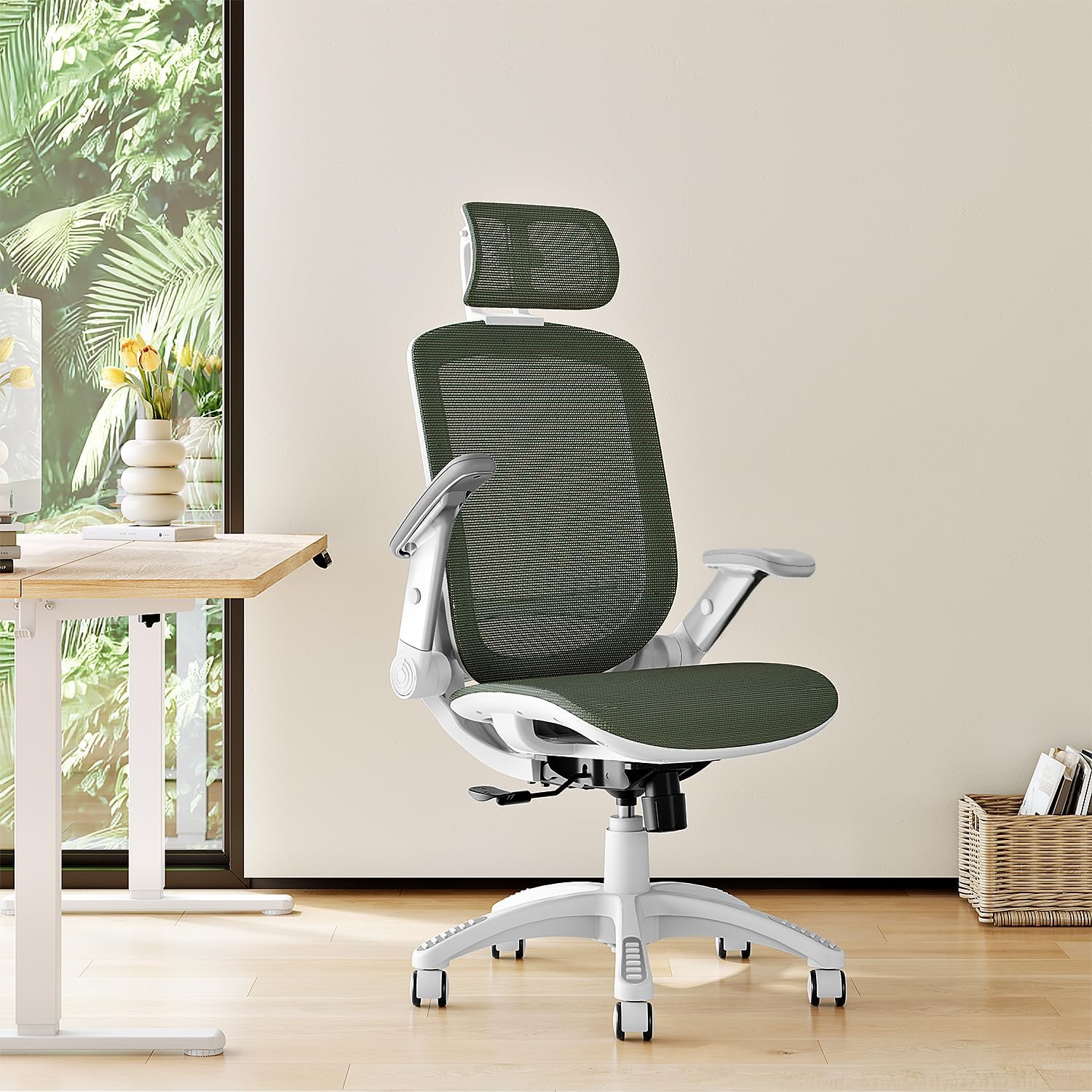 gabrylly ergonomic office chair, high back home desk chair with headrest, flip-up arms, 90-120° tilt lock and wide cushion, 300lbs mesh chairs for man woman, white task chair(olive green,gy01wog) white frame olive green mesh