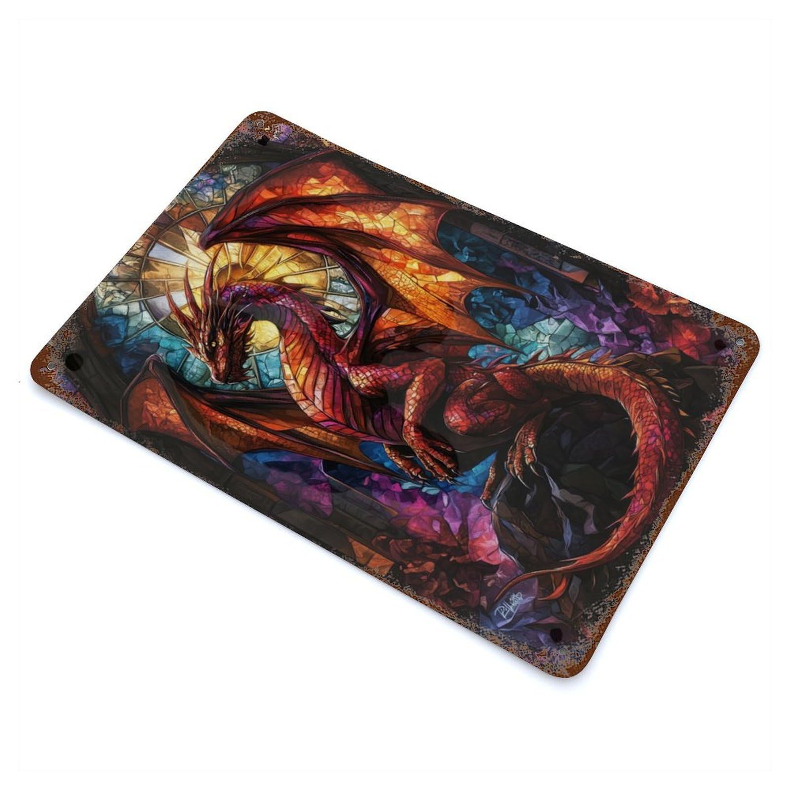 Aged Metal Wall Plaque with Stained Glass Dragon Design 11.8"x7.9", for Cafe, Home Bar And Lounge Decor, Novelty Wall Decor