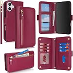 Compatible with iPhone 16 Wallet Phone Case flip Cover for Apple 16 Dark Red PU Leather, Women Men, Kickstand, Wrist Strap, Zipper, Card Holder, Credit Slots, 6.1"