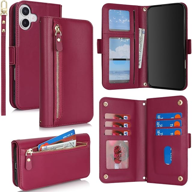 Compatible with iPhone 16 Wallet Phone Case flip Cover for Apple 16 Dark Red PU Leather, Women Men, Kickstand, Wrist Strap, Zipper, Card Holder, Credit Slots, 6.1"