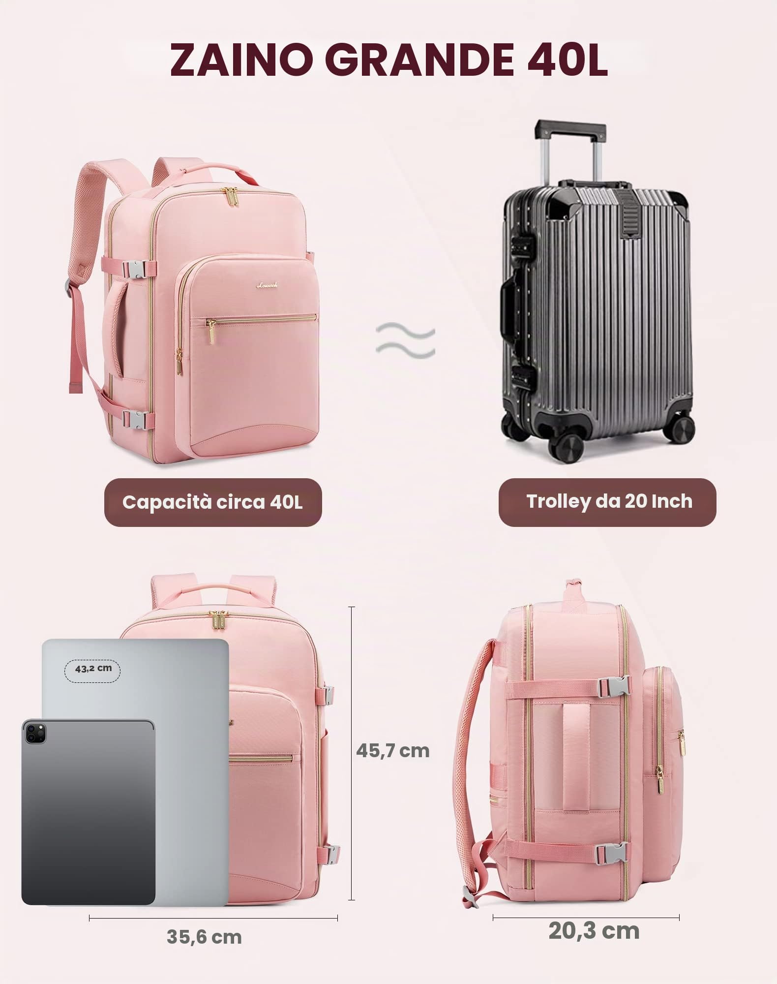 LOVEVOOK Zaino da Viaggio Aereo Bagaglio a Mano Donna Uomo Impermeabile 40L | Trolley Cabin Max per Ryanair Easyjet, Grande Porta PC 17 Pollici Valigia Borsa a Zainetto Rosa
