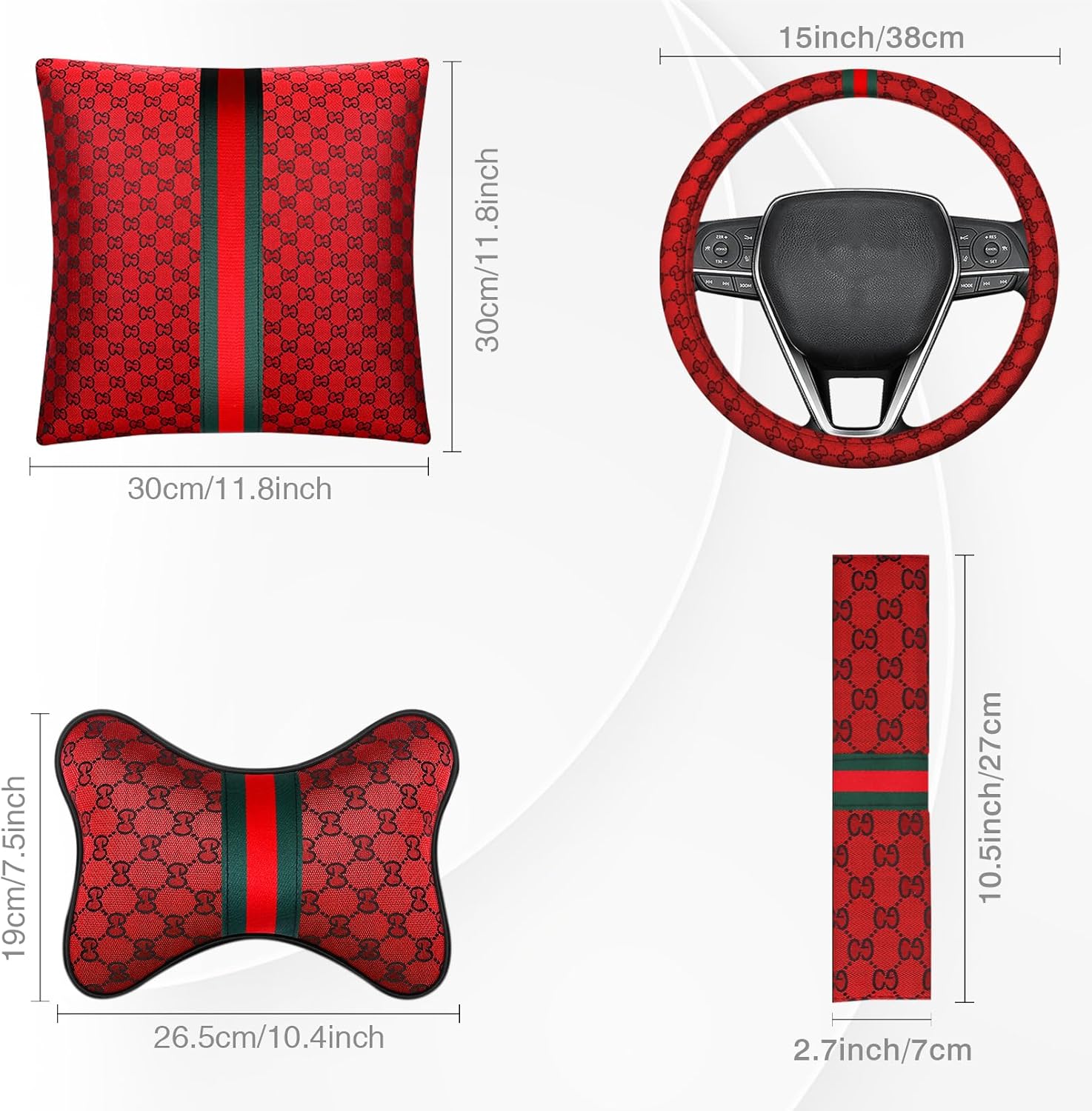 7PCS Steering Wheel Cover Set for Women, Car Accessories with Car Neck Pillows Lumbar Support Pillow and Seat Belt Covers, Universal Fit 14-15.5 inches (Red)