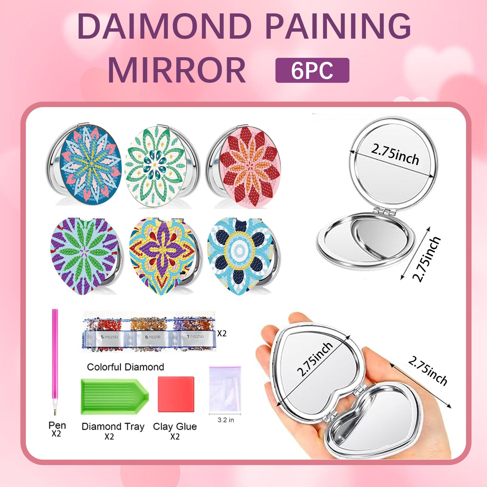 INFUNLY 6 Stück Diamant-Malerei-Taschenspiegel DIY-Diamant-Malen-Nach-Zahlen-Set Mandala-Blumen-Taschenspiegel Diamant-Malerei-Abdeckung Tragbarer Make-Up-Spiegel Vergrößerungs-Klappspiegel Für Damen